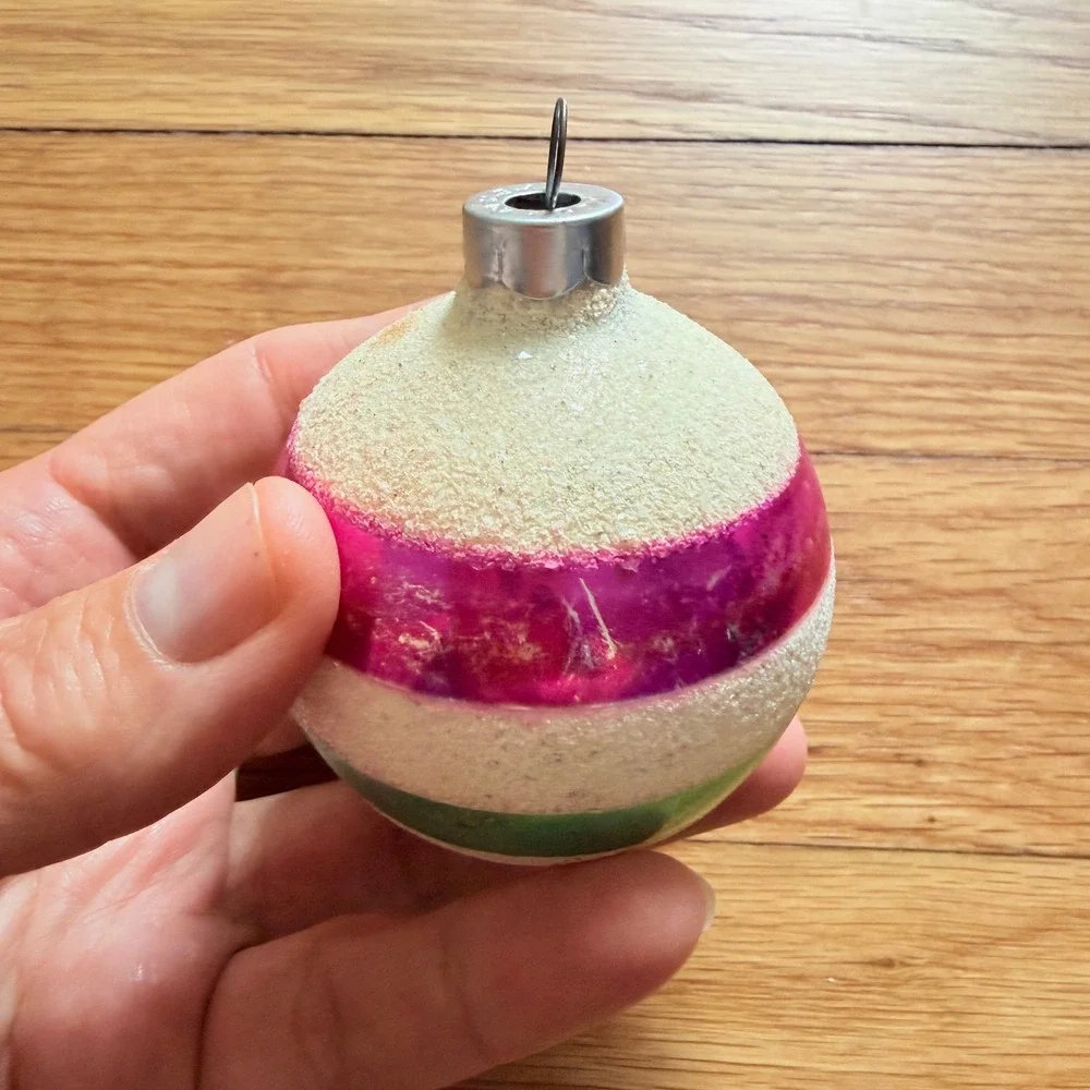 George Franke Pair Christmas Ornaments Pink Green Striped Mica USA MCM 1950's